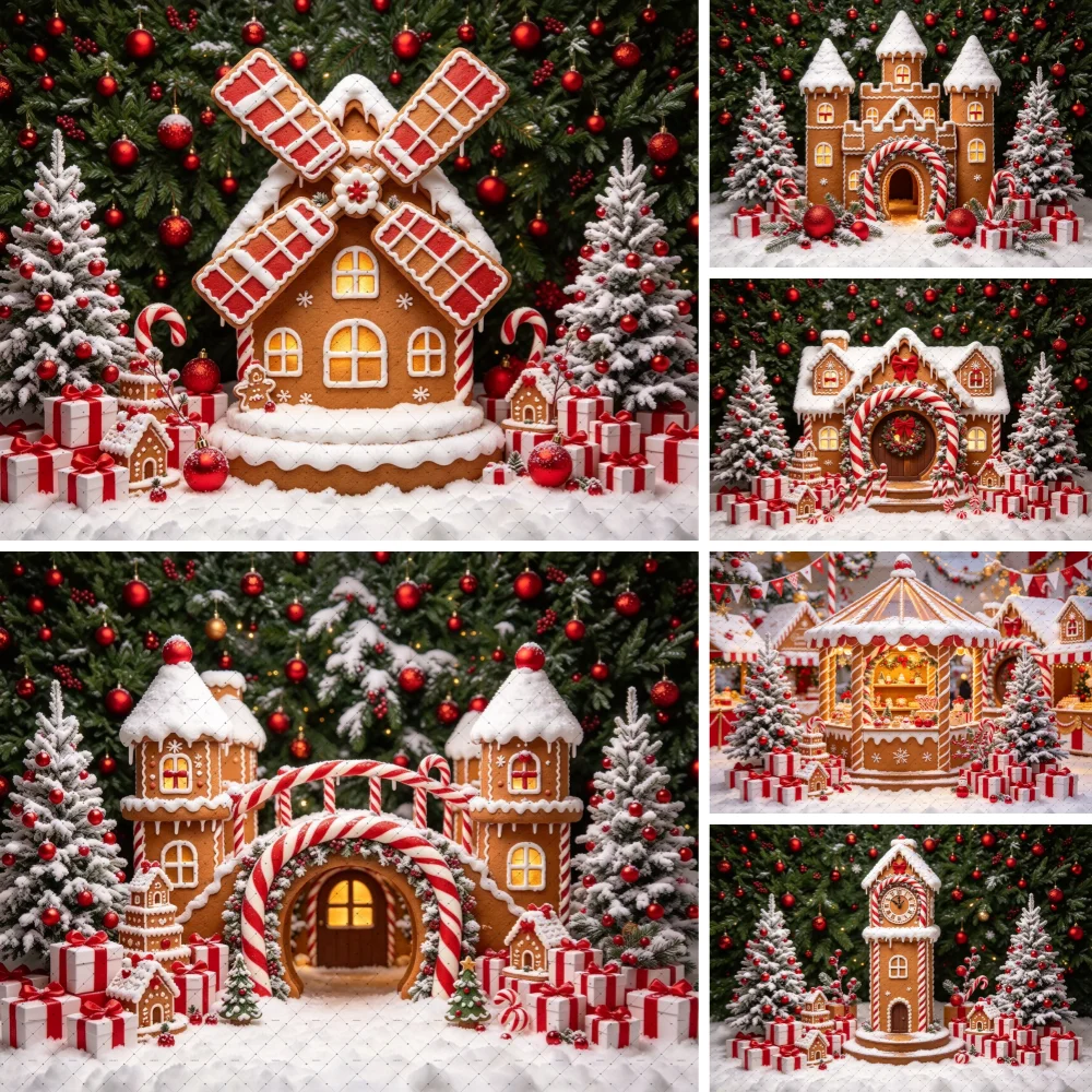 Christmas Gingerbread House Photo Backdrop Snow Xmas Tree Candy Cane Gift Family Portrait Studio Photography Background