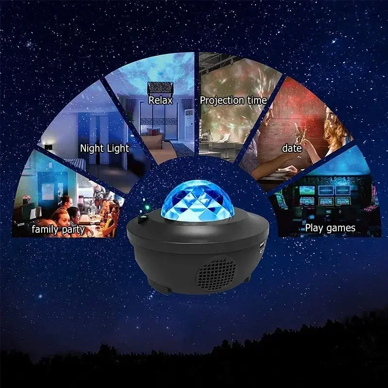 Colorido céu estrelado atmosfera luz, galáxia projeção, luz noturna, bluetooth, usb, leitor de música, onda de água padrão