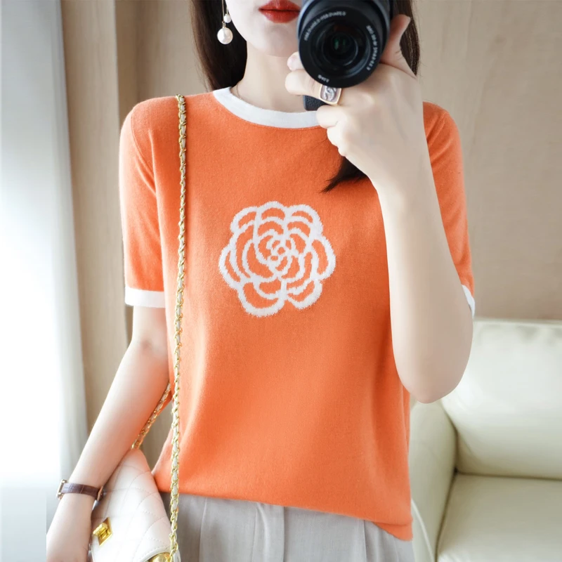 Women's Summer New Luxury Casual Chic Short-Sleeved Worsted Wool Camellia Embroidery Knitted Stitching Fashion Exquisite T-Shirt