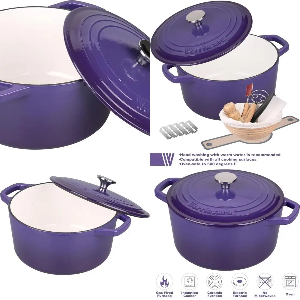

Purple 4.5 QT Enamel Cast Iron Dutch Oven with Lid for Sourdough Bread Baking and Supplies
