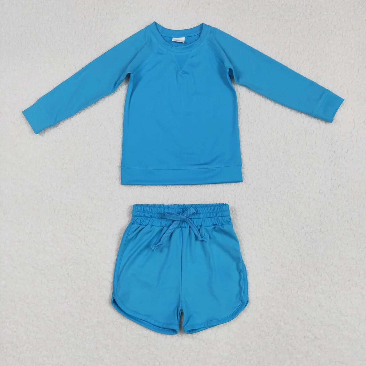 

Wholesale Toddler Children Sportswear Blue Set Baby Girl Long Sleeves Pullover Shirt Kids Shorts Active Wear Outfit
