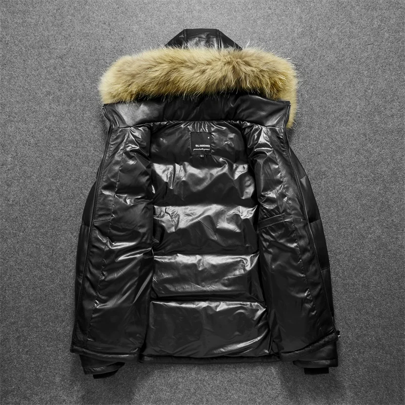 2022 New Winter Jackets Men Genuine Leather Down Jacket Men\'s Padded Real Sheepskin Coats Hooded Thick Warm Leather Coat Jaqueta