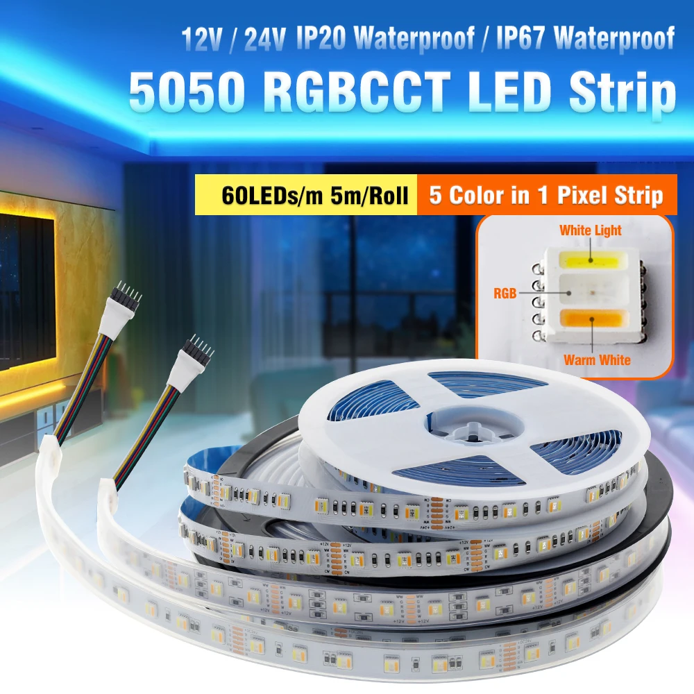 RGBCCT LED Strip 5050 12V 24V 60LEDs/m IP67 IP20 RGB White Warm White 5 Color in 1 pixel LED Strip 5m/lot