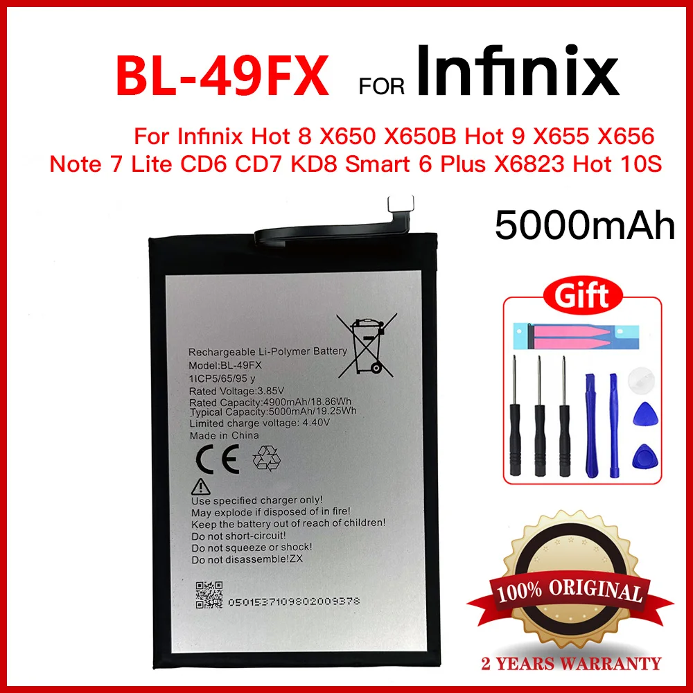 Genuine BL-49FX Battery For Infinix Hot 8 X650 X650B Hot 9 X655 X656 Note 7 Lite CD6 CD7 KD8 Smart 6 Plus X6823  Batteries+Tools