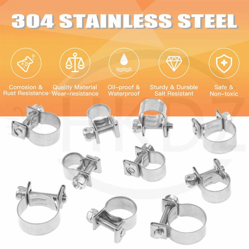 304 Stainless Steel Mini Fuel Injection Hose Clamps Adjustable Pipe Hose Clip Tube Clamps Set Gas Line Hose Clamp From 6 to 29mm