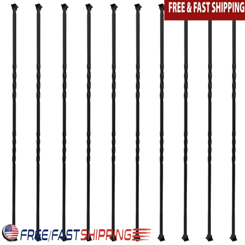 Conjunto de 10 balústres de ferro forjado, eixos de escada de torção dupla, revestido em pó preto, 43,8 polegadas