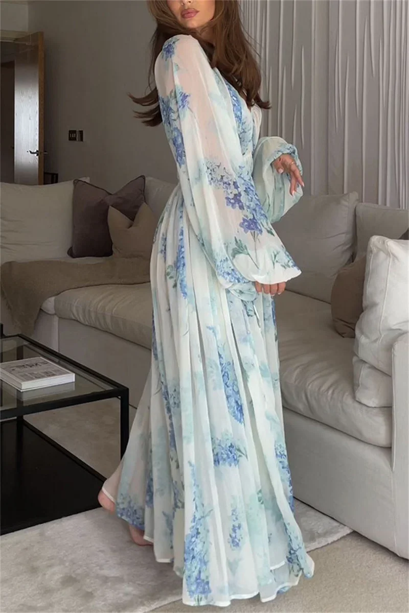 

Women Elegant Pattern Print Chiffon Dress Sexy Deep V-neck Drawstring Waist Maxi Dresses 2024 Casual Long Sleeve Long Party Robe