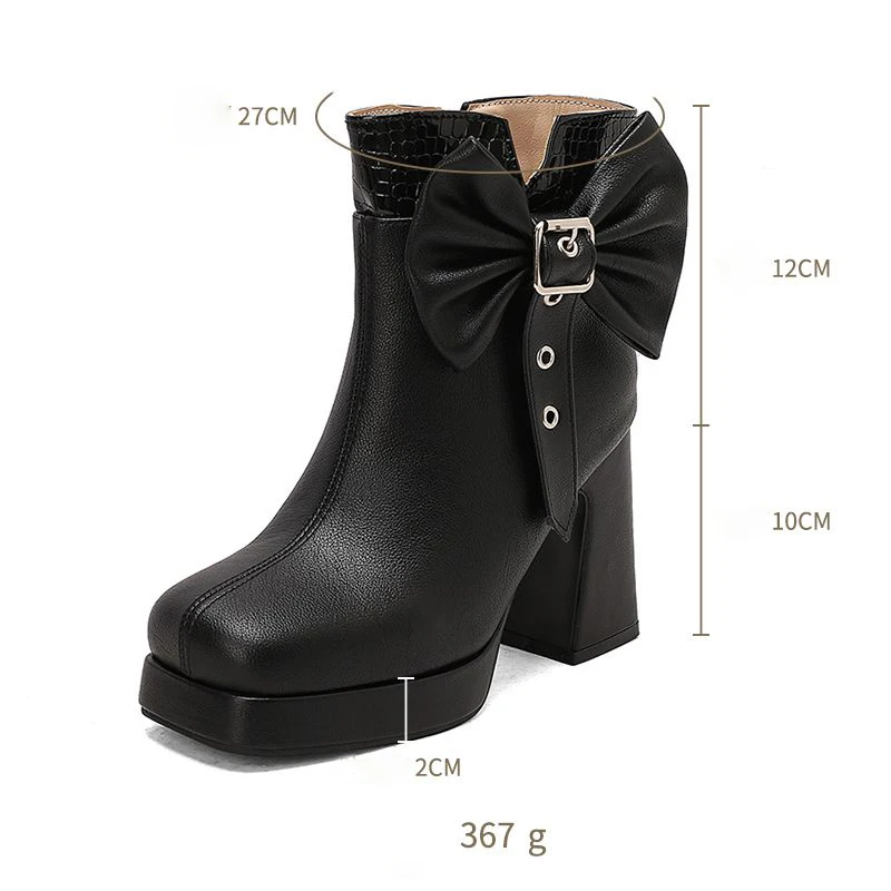 Girseaby الرجعية الإناث حذاء من الجلد ساحة تو 10 سنتيمتر كعب سميك 2 سنتيمتر منصة الجانب سستة Bowknot تمديد حجم 46 47 48 أسود #2