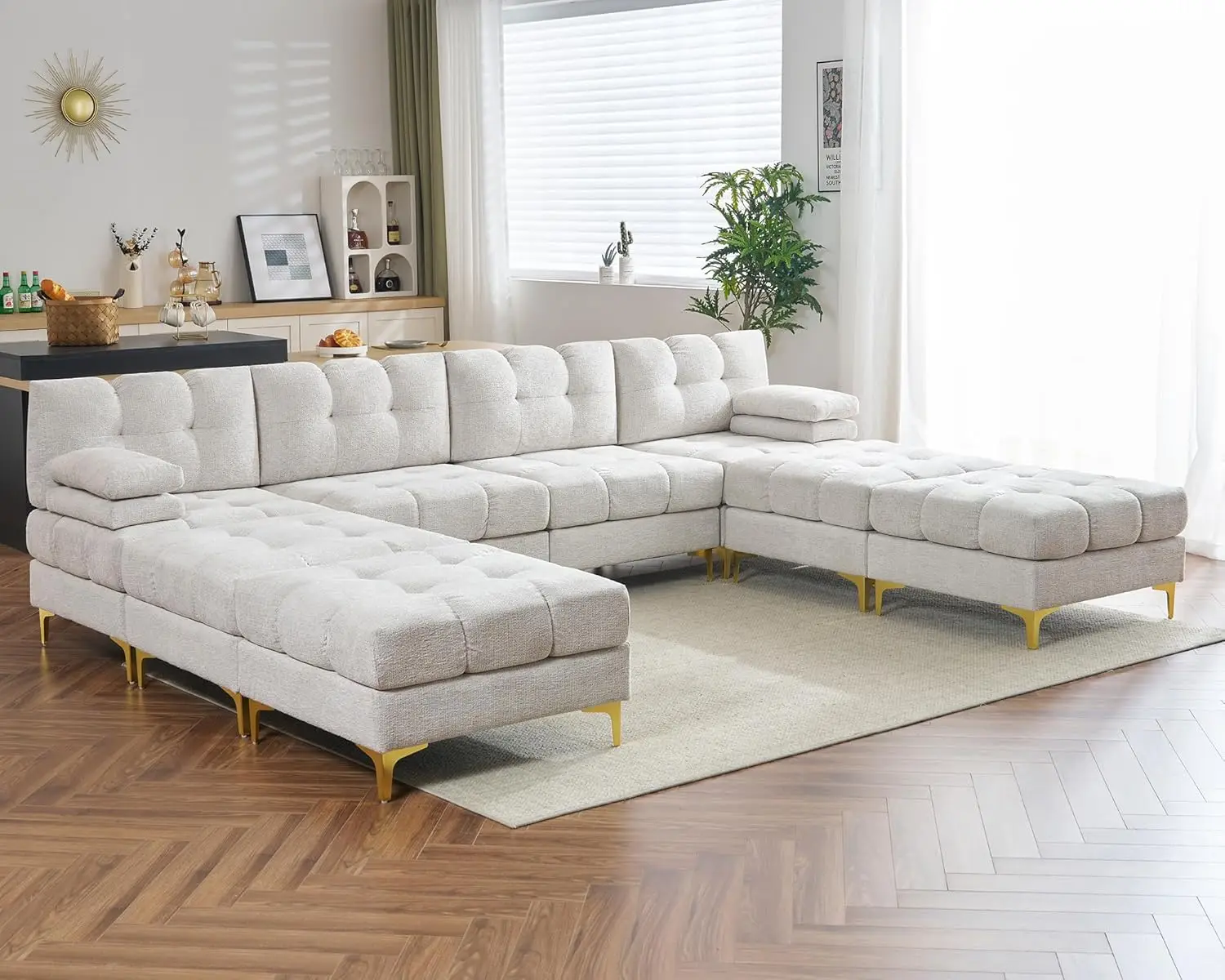 124 Inch Sectional Sofa, 8 Seater Modular Sectional Couch with Metal Legs, U Shaped Sofa Couch for Living Room, Beige Chenille