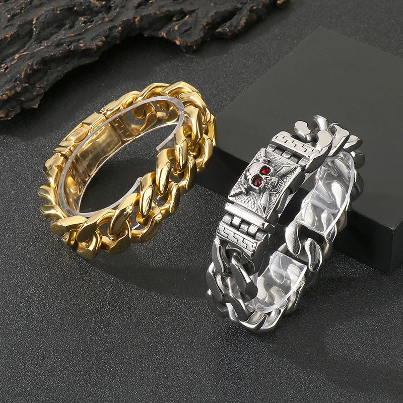 KALEN Punk 20MM Stainless Steel Skull Bracelet for Men Chunky Metal Red Eye Accessories Rock Biker Party Jewelry Gift