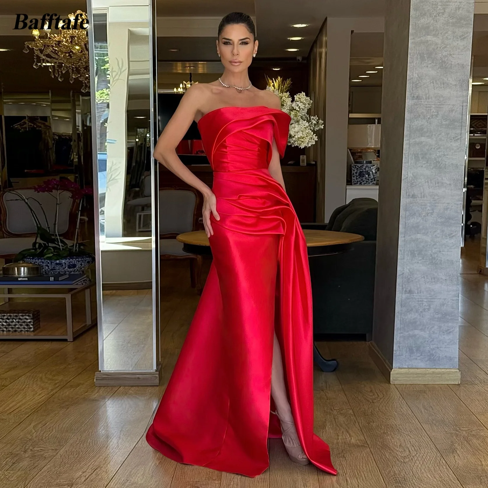 

Bafftafe Mermaid Red Satin Evening Gowns Customized One Shoulder Pleated Slit Side Women Prom Dresses Formal Party Special Gowns