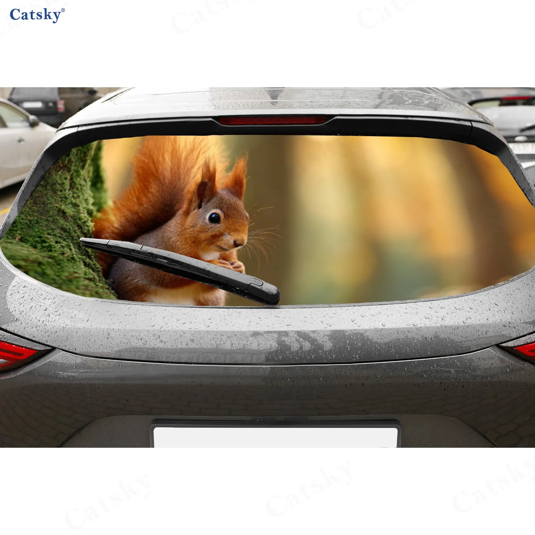 

Cute Squirrel Autumn Wonder PVC Perforated Car Vinyl Wraps, Durable Car Rear Windshield Sticker, Waterproof Car Rear Window Deca