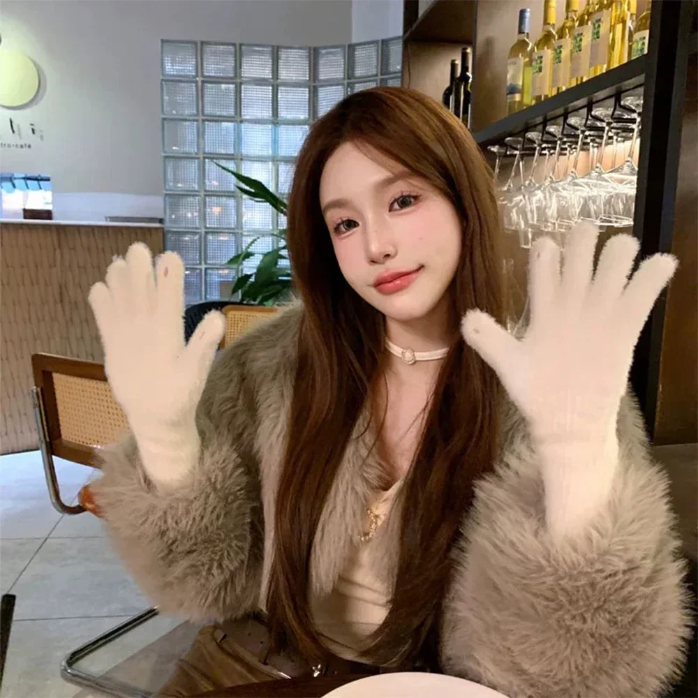 قفازات محبوكة طويلة شتاء دافئ شاشة سميكة قفازات من الفرو القفازات الصلبة للهاتف المحمول هاتف لوحي وسادة المرأة قفازات صوف الكشمير