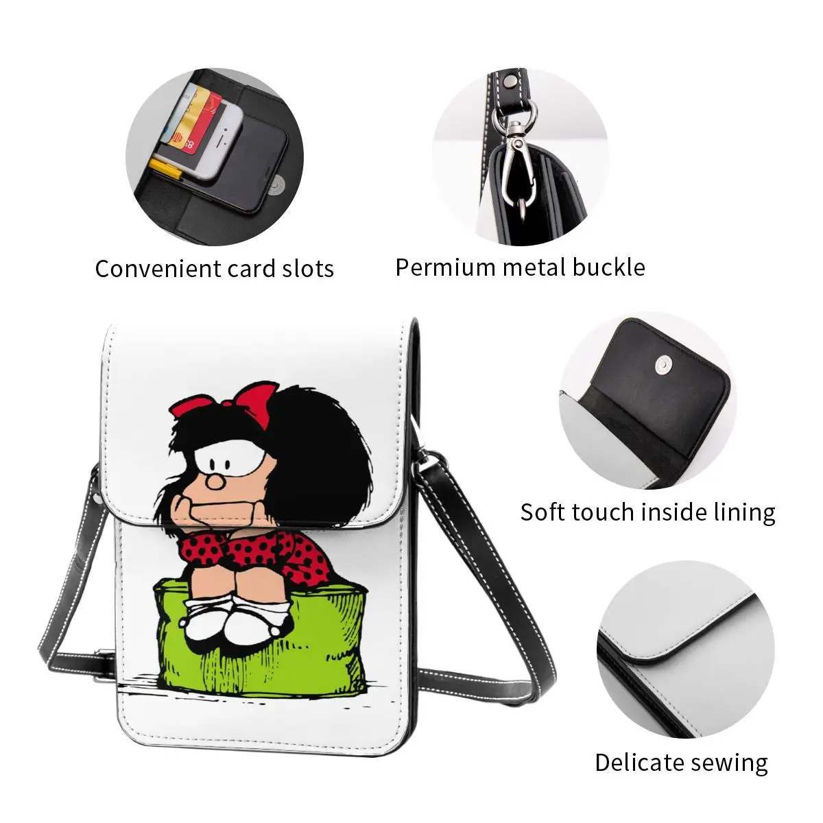 Cute Mafalda Leather Cell Phone Purse Merchandise Fashion Female Crossbody Bag Card Case Lightweight