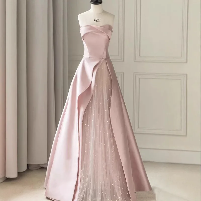 Vestido de noche sin tirantes rosa de moda 2025, nuevo compromiso nupcial, vestido de brindis de boda, vestido largo sin mangas para presentador de banquete