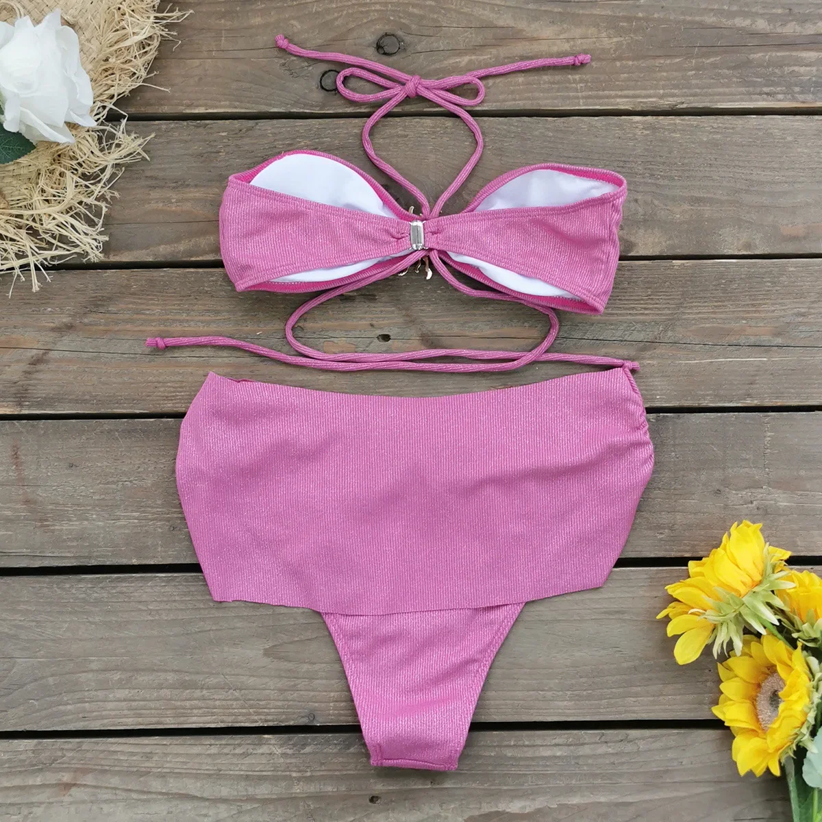 Vintage roxo duas peças maiô feminino metal sol ornamento cruz push up sutiã babados cintura alta biquíni 2025 praia fatos de banho