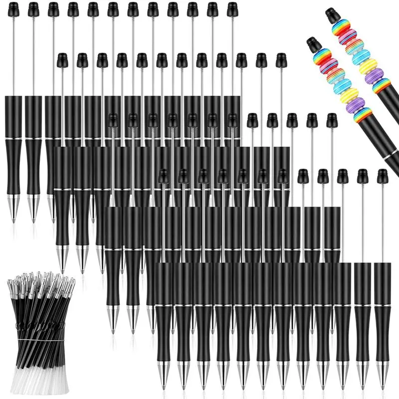 

50Pcs Shaft Black Ink Beaded Pens With 50 Refills For DIY Making Gift Black