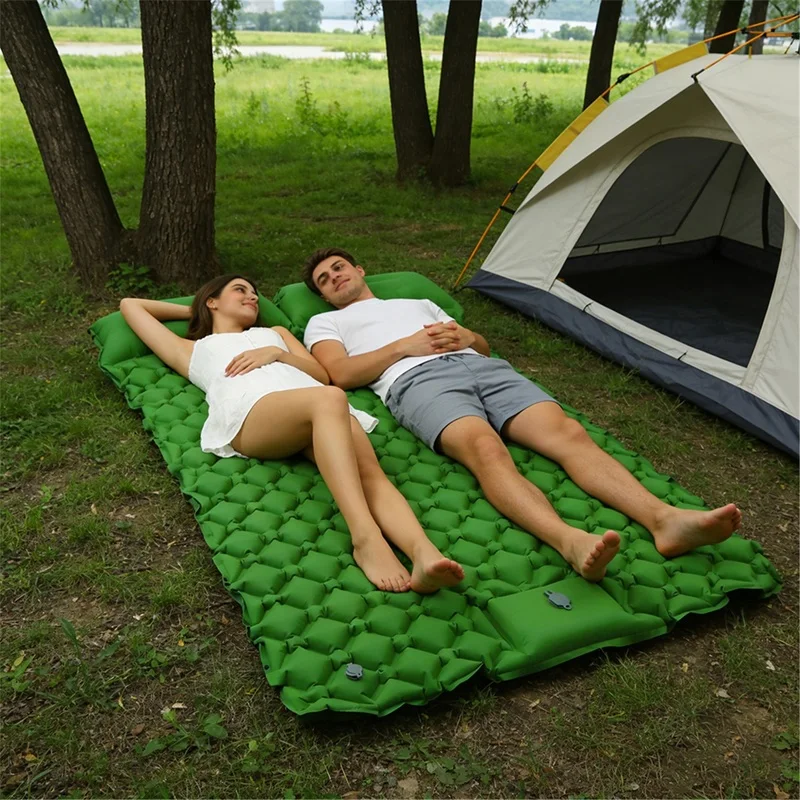 Double Thick Self-Inflating Sleeping Mat with Built-in Pillow & Foot Inflator, Ideal for Outdoor Camping & Hiking