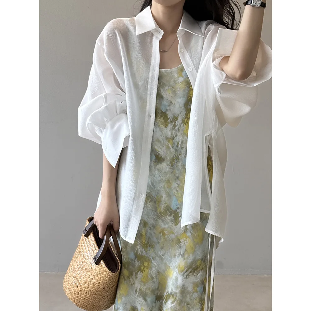 

Summer design sense light and thin women's sunscreen shirt simple loose straps single-breasted protective clothing