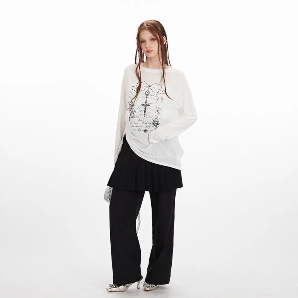 

HeyHenry Women's Long Sleeve T-shirt European American Style Drawstring Design Cross Printed round Neck Slim Fit All-match