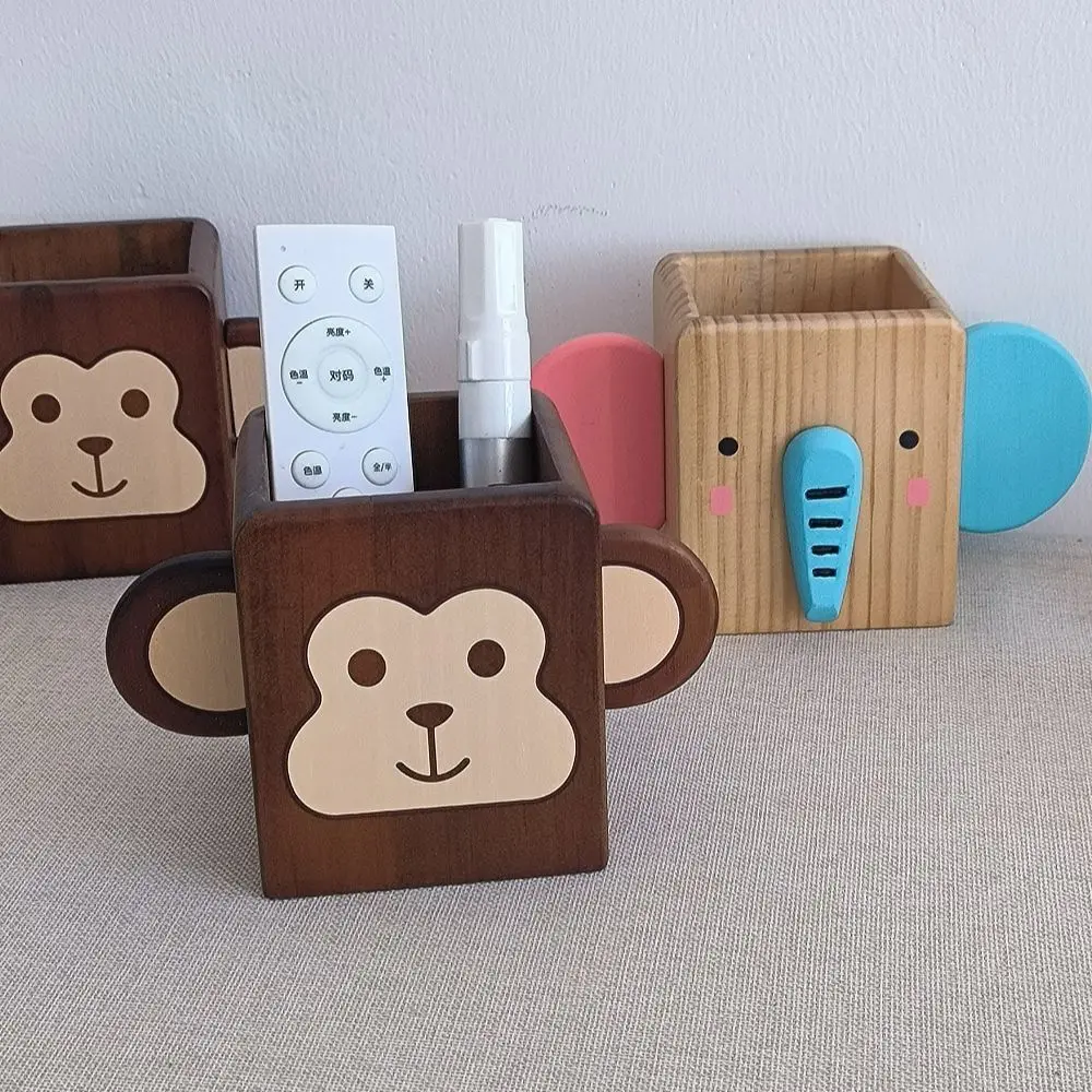 Cute Solid Wood Pen Holder Elephant Monkey Pen Holder Office Desk Stationery Storage Box Children Gifts Office Desk Accessories