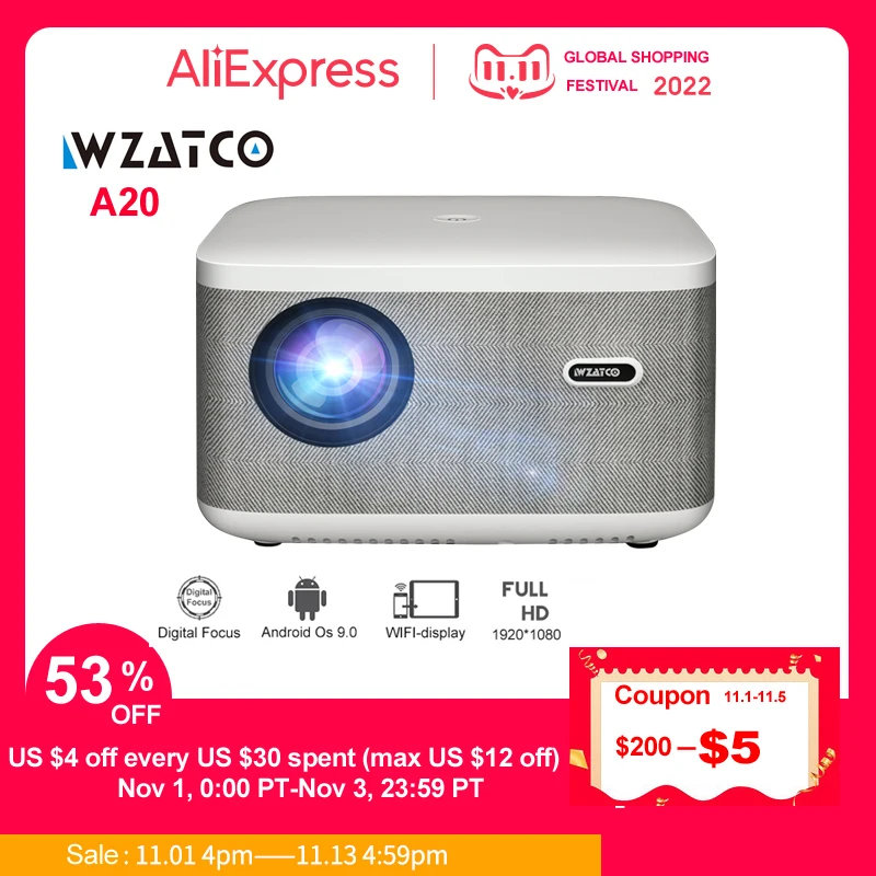 

WZATCO A20 Digital Focus Full HD Projector 1080P WiFi LED Video Proyector Home Theater Android 32G Projector Movie Cinema Phone