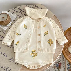 2024 New Spring Toddler Baby Girl Knitting Clothes Suit Long Sleeved Knitted Cardigan+Jumpsuit Newborn Baby Girls Clothing Set