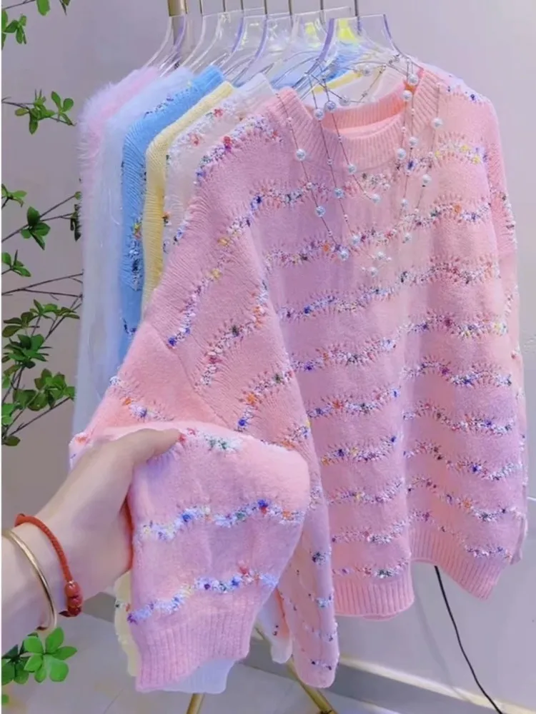 

Розовый милый мягкий вязаный свитер в горошек, женский осенне-зимний новый модный круглый мягкий свитер для поездок на работу, свободный...