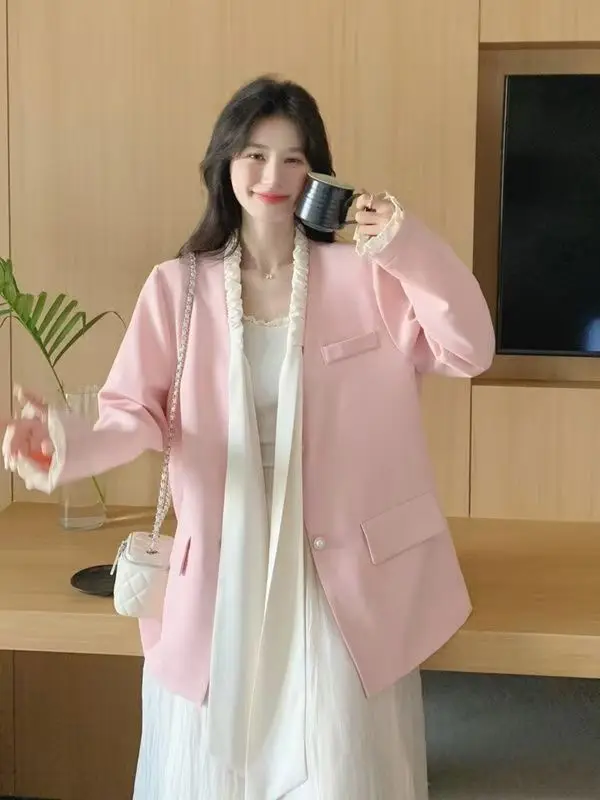 Grande laço com decote em v primavera moda senhoras rosa blazer jaqueta feminina doce high end escritório senhora blazer casual solto casacos outerwear