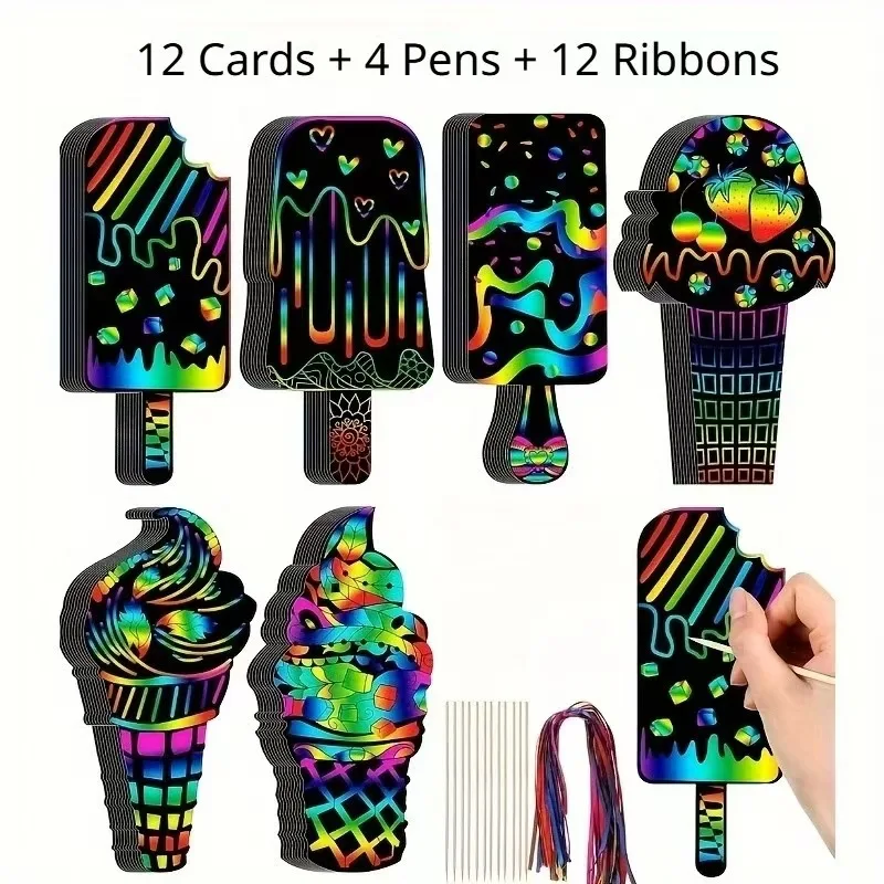 Bview Art 6pcs Shaped Ice Cream Scratch Paper Kit - Colorful DIY Drawing Art Craft for Kids Creativity Development