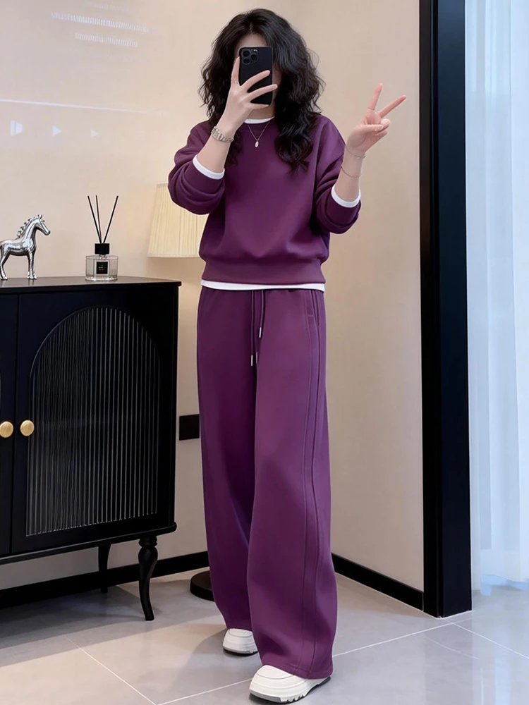 

Весенняя новинка: женский комплект из свитшота и брюк с широкими штанинами, повседневный, удобный, из смесового хлопка, с длинными рукавами и круглым вырезом.