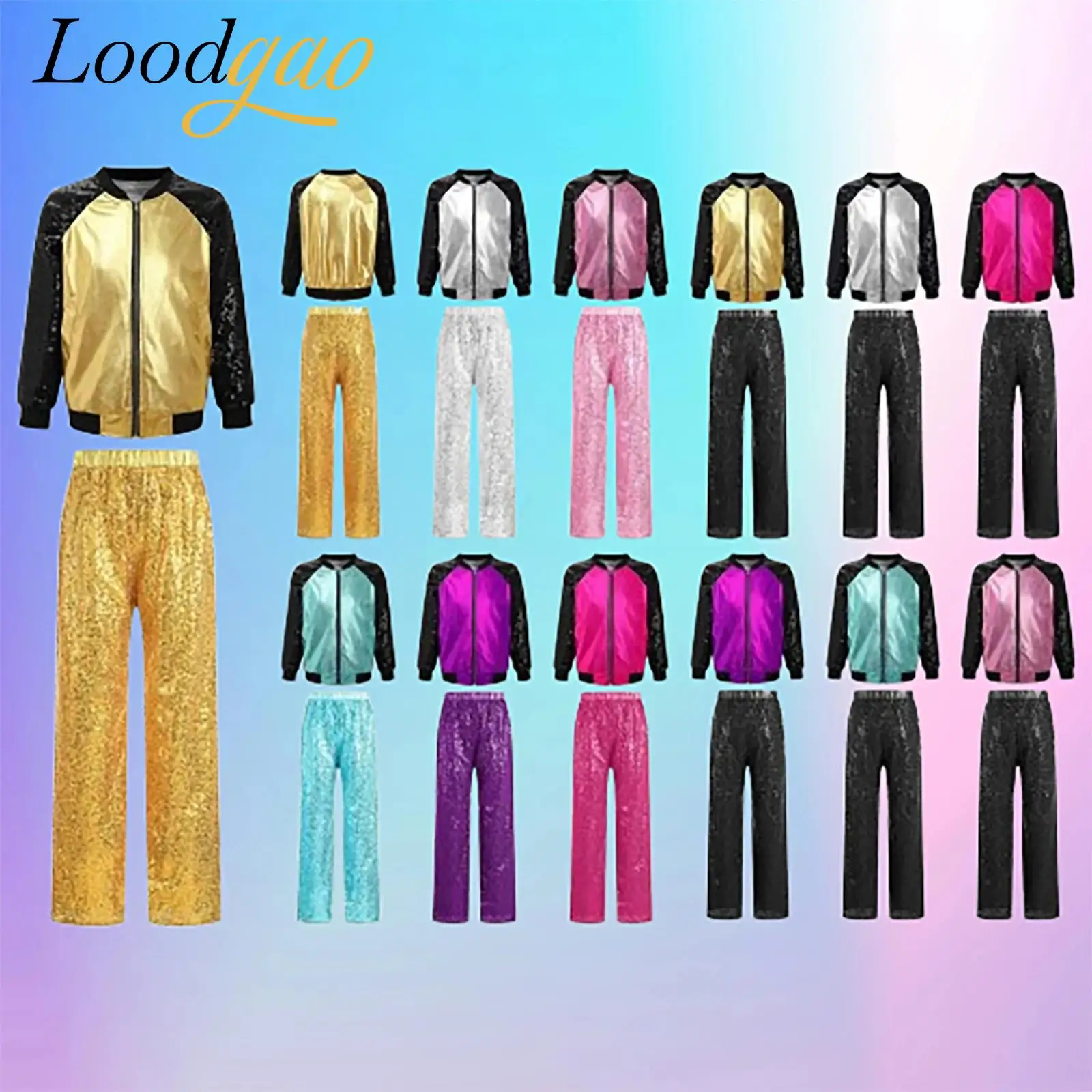 

Kids Girls Party Costume Sequin Jazz Hip Hop Outfit Children Metallic Jacket Pants Teen Fashion Street Dance Wear Dancewear Sets