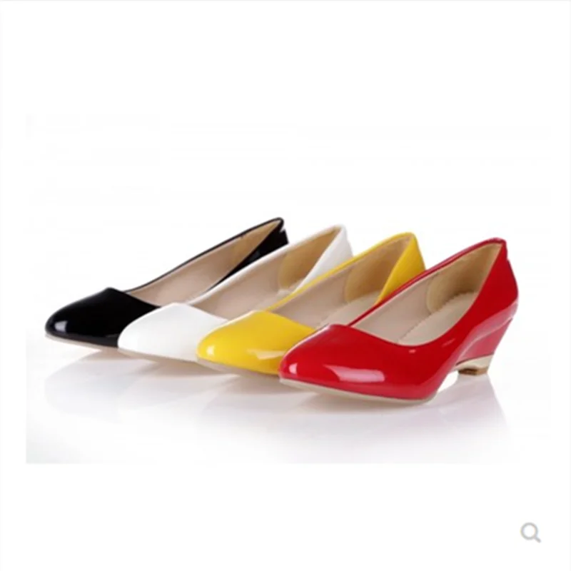 Lady Pointy Toe Shiny Patent Leather Wedges Heels Pumps 4cm Yellow Red Black White Shoes Comfortable Classic Zapatos Big Feet 48