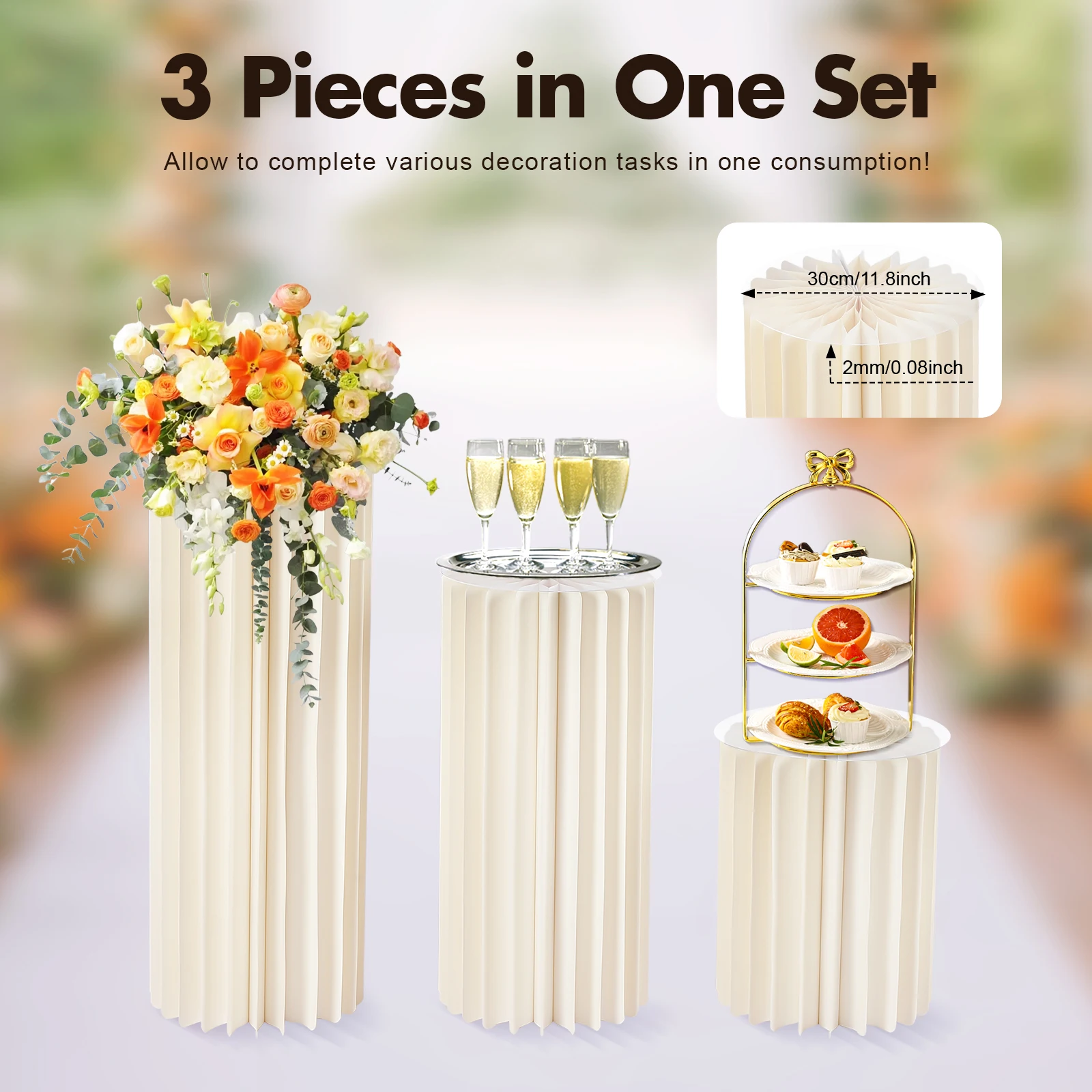 3 Stück faltbare Blumenständer aus Pappe, Hochzeits-Mittelstücke, Pappenvasen, runde Säulen, Sockel-Kuchenständer für Hochzeitsfeier – Detail 4