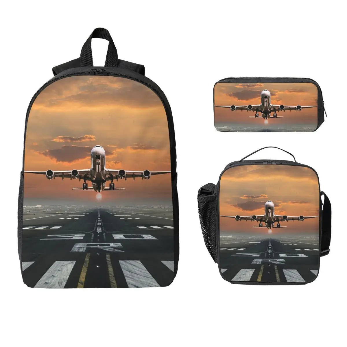 Airplane Takeoff Backpack Student Boys Girls BookBag School Bag Computer Shoulder Bags 3ps Insulated Lunch Bag Pencil Case
