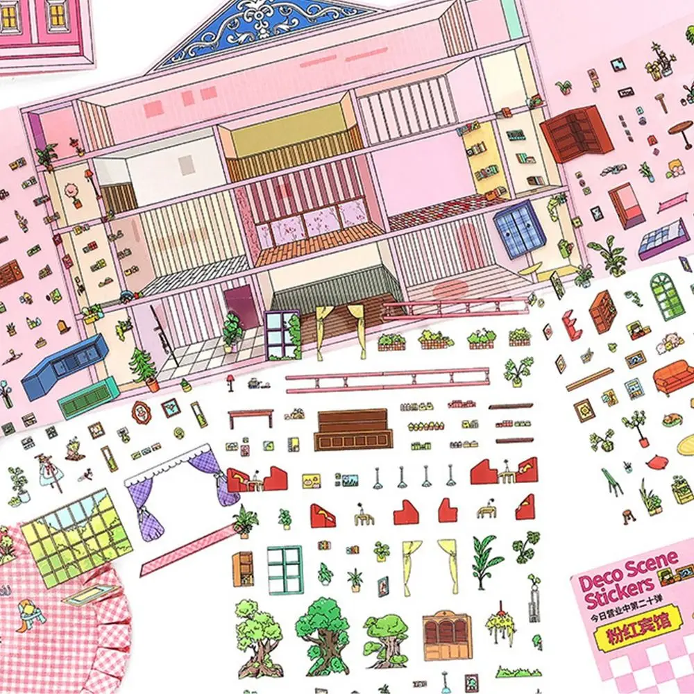 Cute 2.5D Landscape Sticker Cartoon Pattern Apartment Scenery Sticker Set Pink Hotel Multicolor Landscape Making Decal