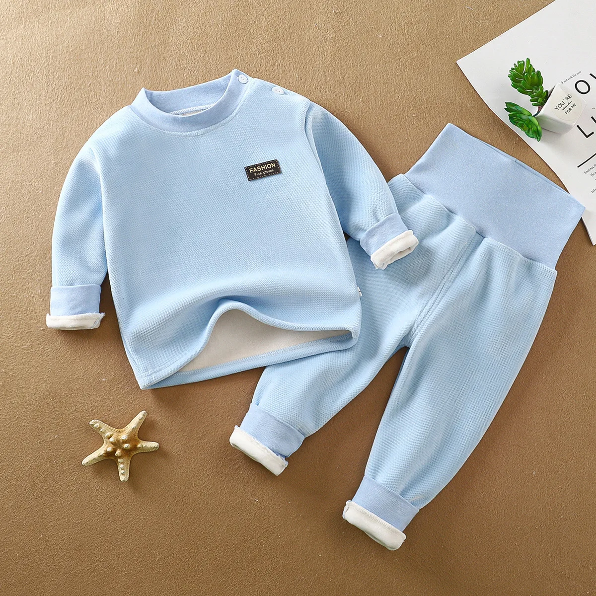 Kid Unisex High Neck Fleece-lined Top High Waist Pants Set Small Black Patch Ideal for Children Two Piece Set Baby Daily Wear