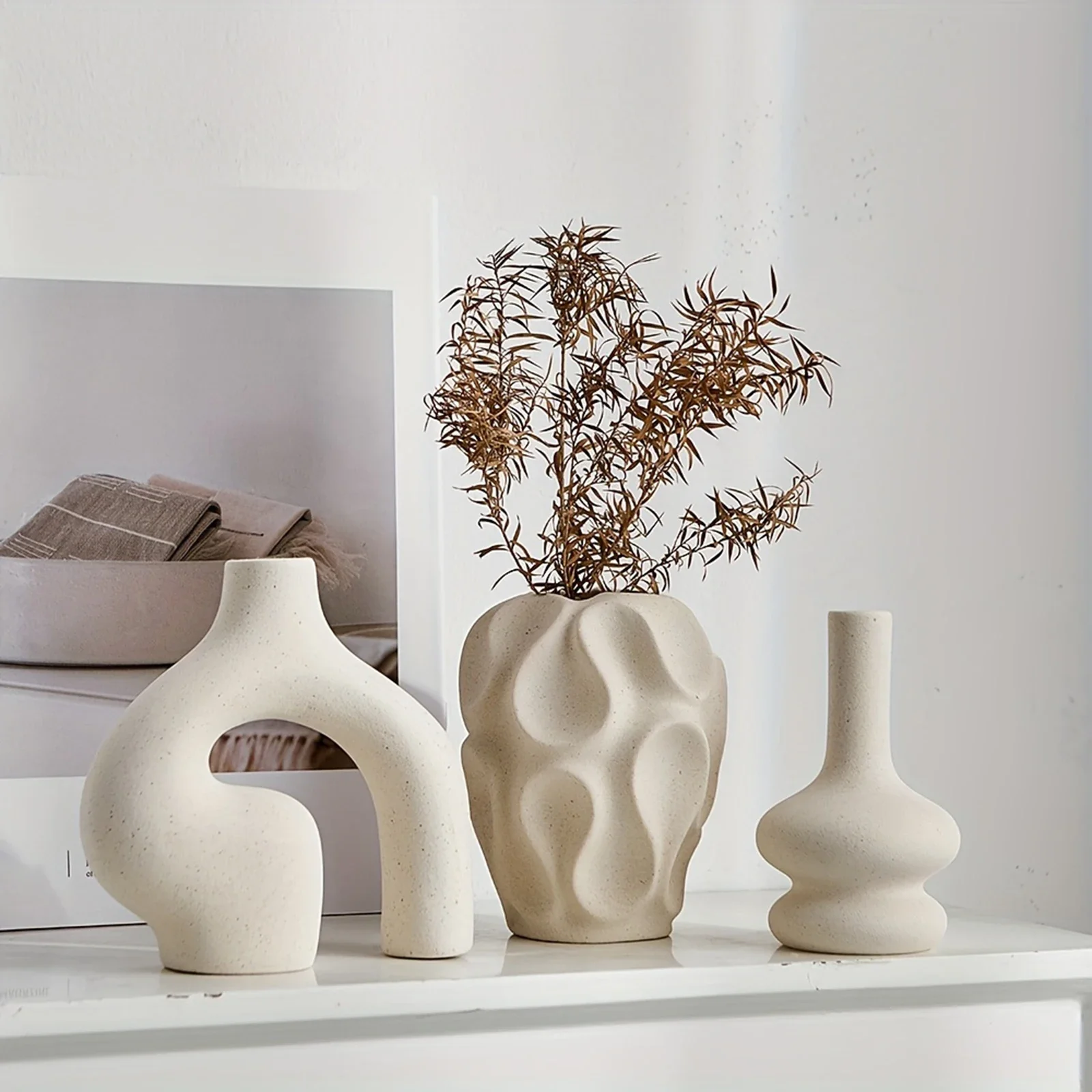 3pcs Bohemian Ceramic Vase Set Modern Minimalist Round & Donut Shape Geometric Pattern Perfect For Fashion Home Decoration