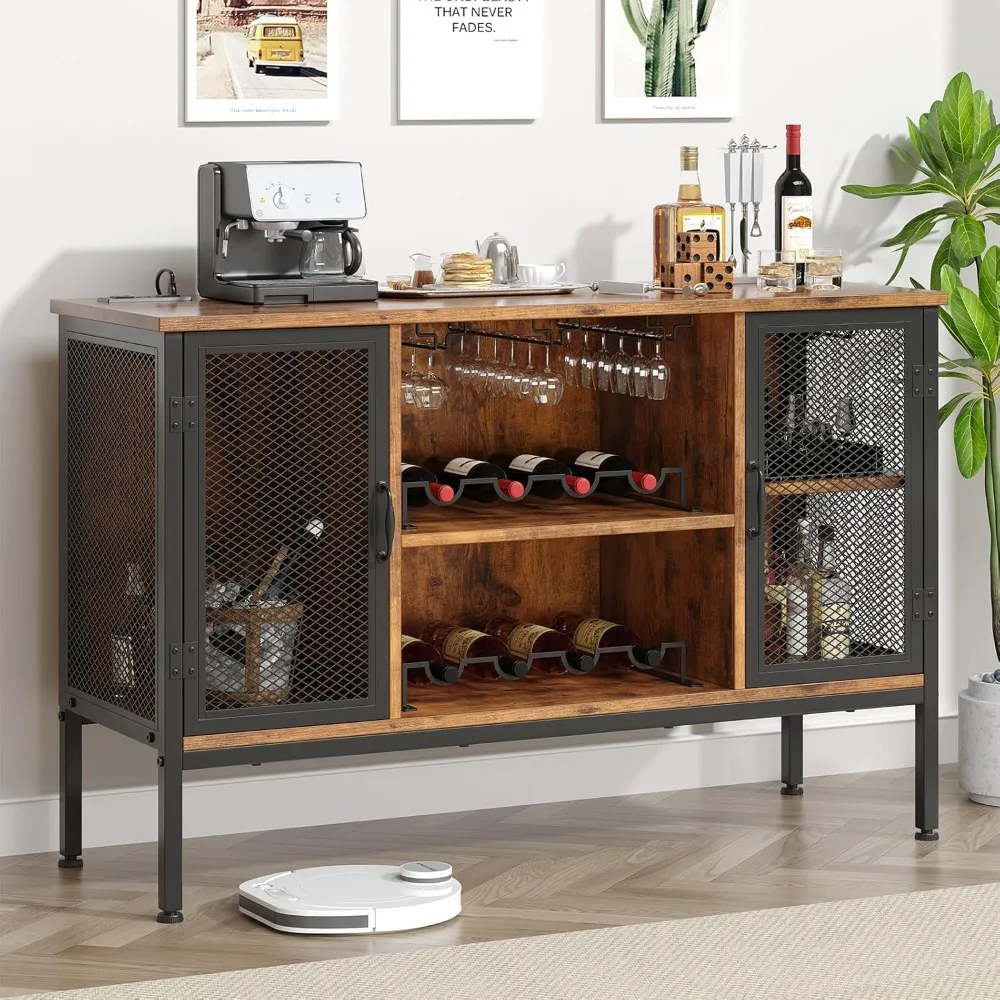 Armoire de bar à vin améliorée avec stockage d'alcool éclairé par LED, étagères réglables et prises de courant