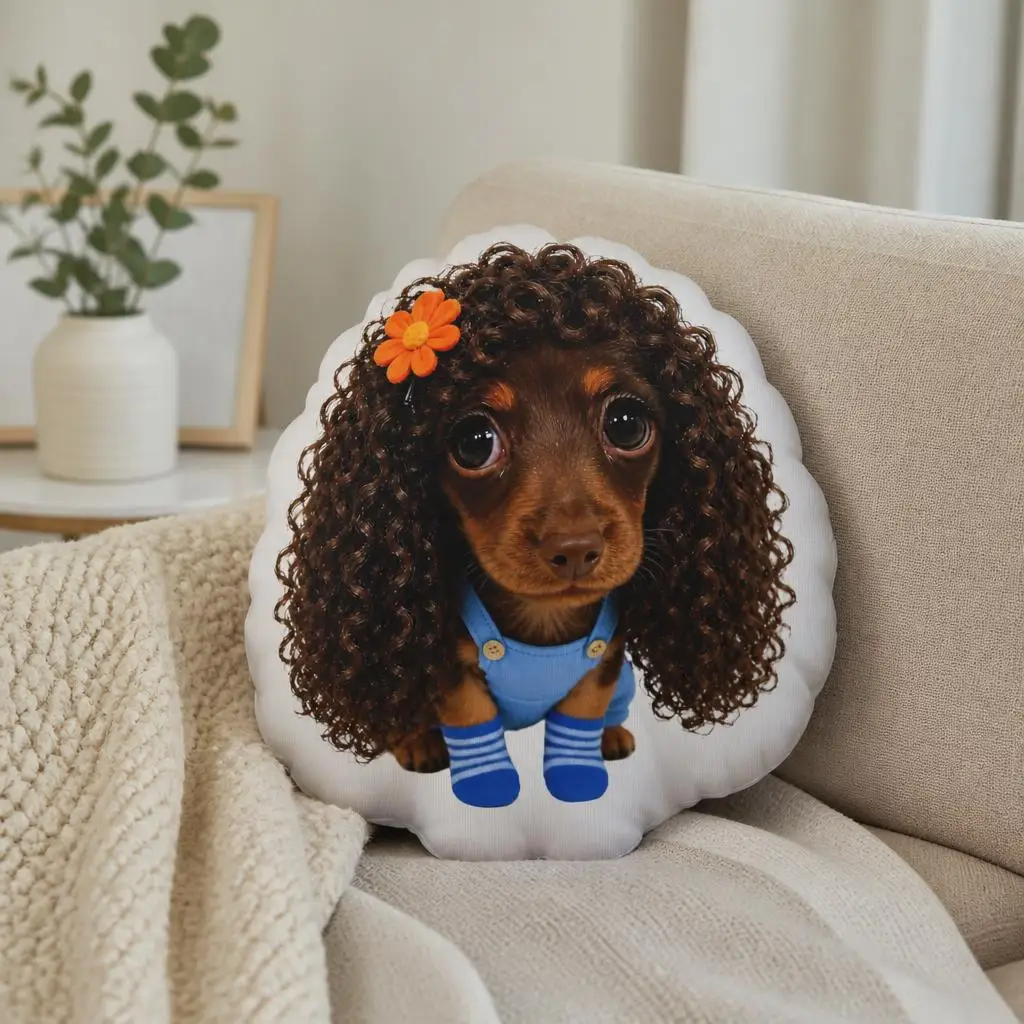 Funny Dachshund Curly Wig Throw Pillow Cute Dog Lover Cushion Irregular Stuffed Sofa Home Decor Costume Gift