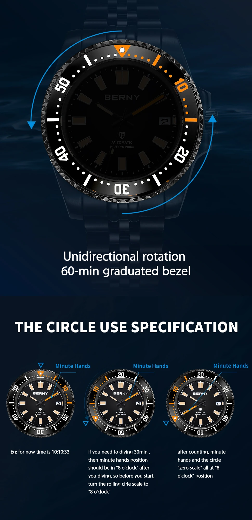 Berny-メンズ自動ダイビングウォッチ、スーパーライトサファイア