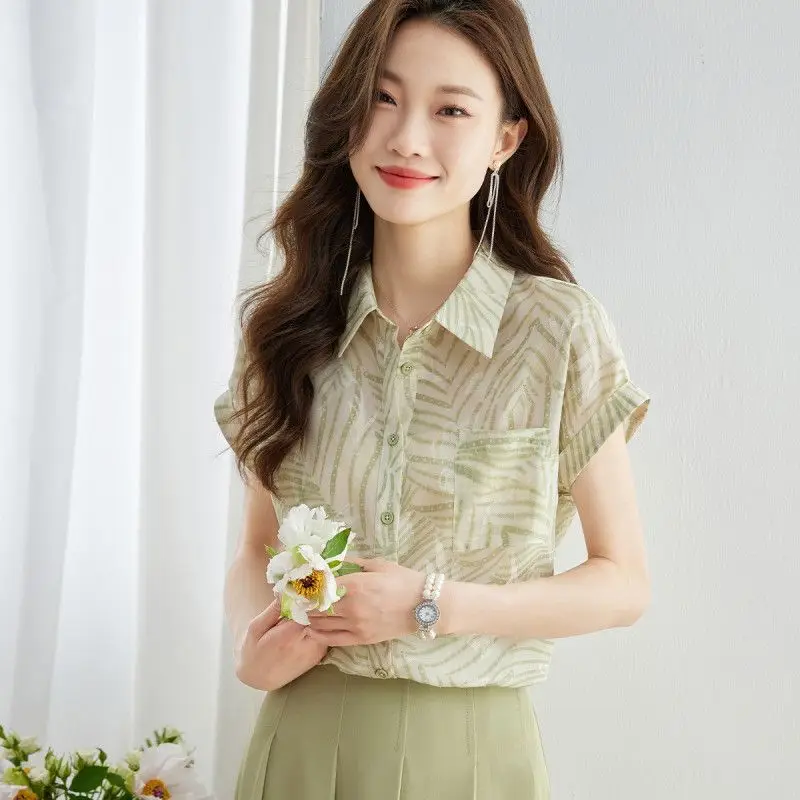 Fashion Lapel Pockets Printed Chiffon Short Sleeve Shirts Women's Clothing 2024 Summer New Loose Casual Tops Office Lady Blouses