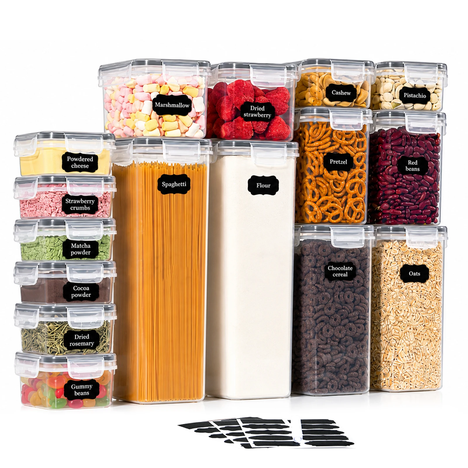 16er Set Vorratsdosen mit Deckel Luftdicht, BPA-Freie Frischhaltedosen Kunststoff für Küche und Vorratsschrank, Stapelbare Schüttdose Nudeln Müsli, 30 Etiketten und 1 Stift