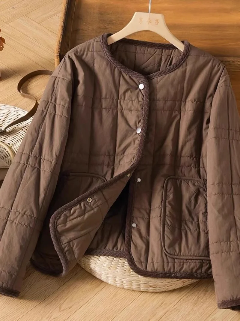 

Autumn And Winter Women's Top 2025 Vintage Grid Pressed Cotton Jacket Warm Spliced Placket Thickened Quilted Coat W819