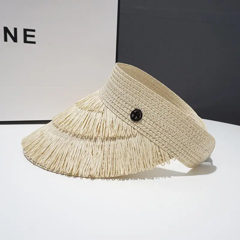 RH Spring Summer New Fashion Visor Straw Hat Female Tassels Design Empty Top Outdoor Women Sun Caps