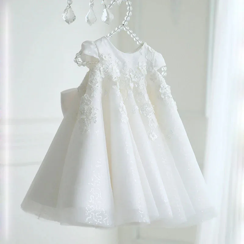 white baby baptism dress lovely Lace appliques Flower Girl dress tulle Sequins first communion birthday formal occasion gown