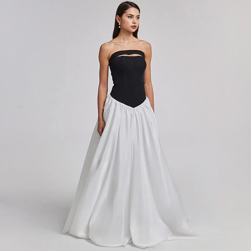

Black Jersey and White Satin Contrast Color Customized Evening Dress Strapless Sleeveless Homecoming Dresses Celebrity Gowns