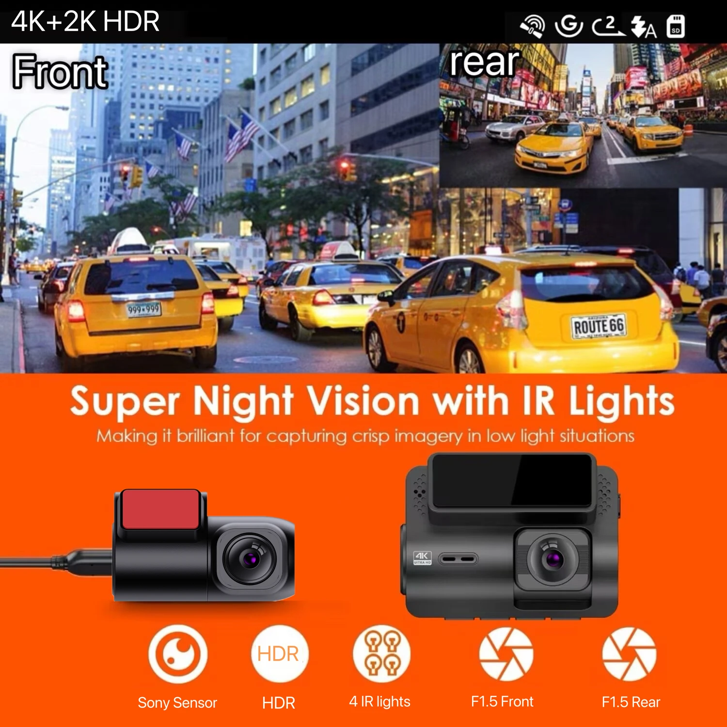 2 inch HDR SONY STARVIS 335 Driving recorder Easy Setup Car Camera with GPS WiFi Clear Night Vision 4K Front and Rear dash cam