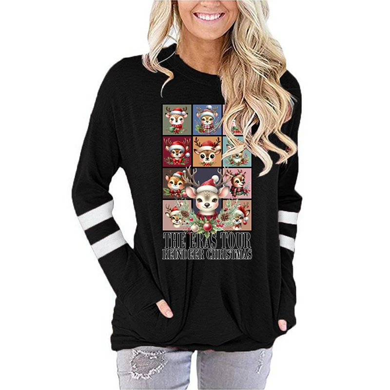 Reindeer Christmas Print Women Fashion T-shirt Highland Christmas Cartoon Classic Tops Reindeer The Eras Tour Long Sleeve Tshirt