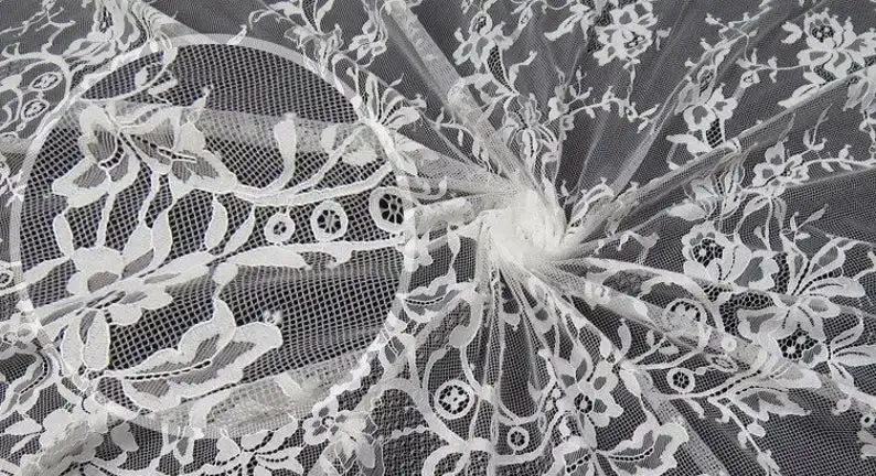 France Chantilly Eyelash Lace Fabric Off White Black Bridal Dress Fabric Flower Net Lace Fabric, 3 Yards Long 150cm Wide